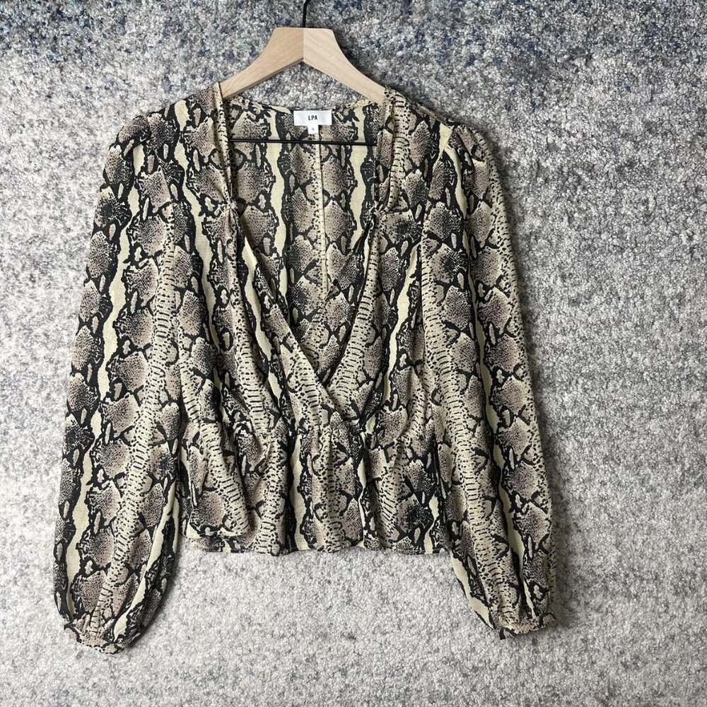 LPA Blouse Womens Small Beige Snake Print Wrap V Neck‎ Long Sleeve Top Surplice